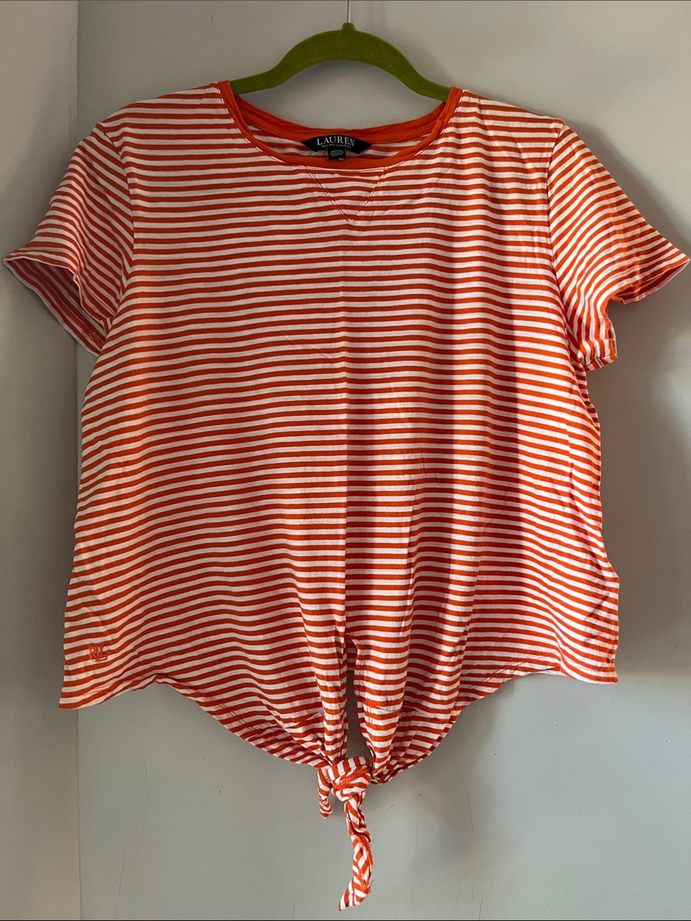 Lauren Ralph Lauren Orange & White Striped Tie-Front Tee Shirt